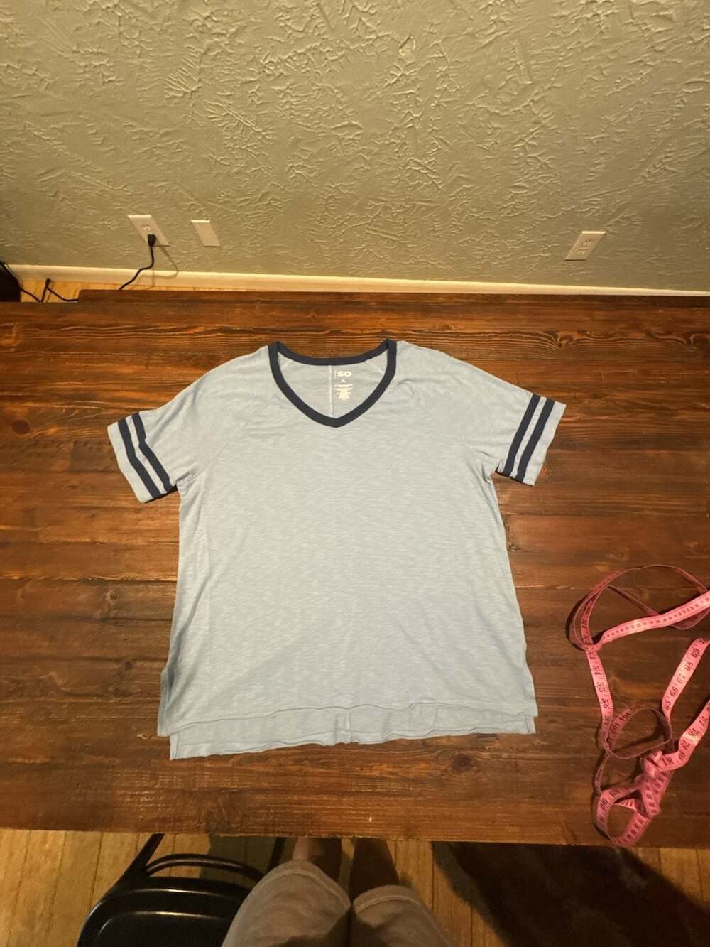 SO Juniors Striped Sleeve Oversized V-Neck Tee Light Blue XL